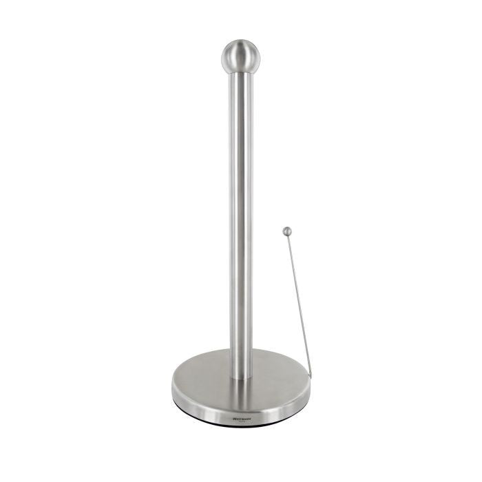 Westmark kitchen roll holder in stainless steel with a ball top and a weighted swing arm