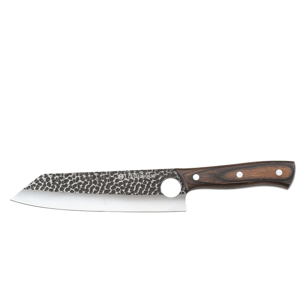 Zassenhaus Hunter chef's knife, 19cm, with a hammered blade and a wooden handle, shown with a leather sheath