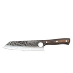Zassenhaus Hunter chef's knife, 19cm, with a hammered blade and a wooden handle, shown with a leather sheath