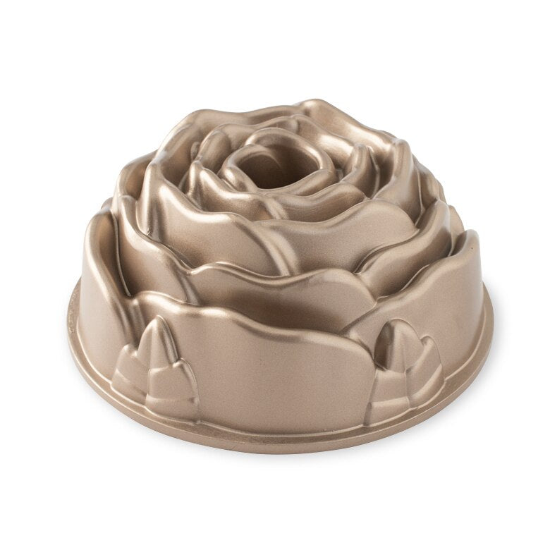 Nordic Ware Rose bundt pan in gold, shaped like a large rose