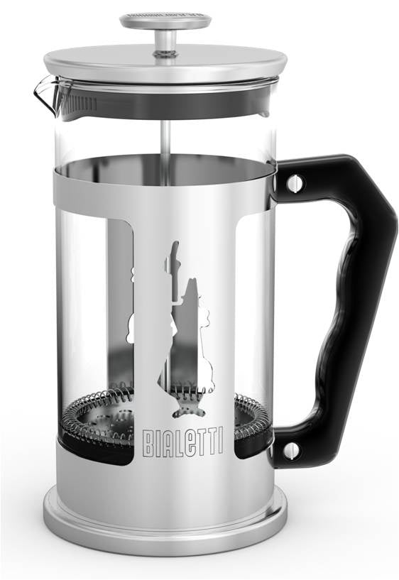 Bialetti stainless steel coffee press with a glass beaker and a black handle