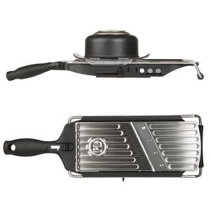 Progressive PL8 professional gourmet slicer in black and stainless steel, shown from the side and from above