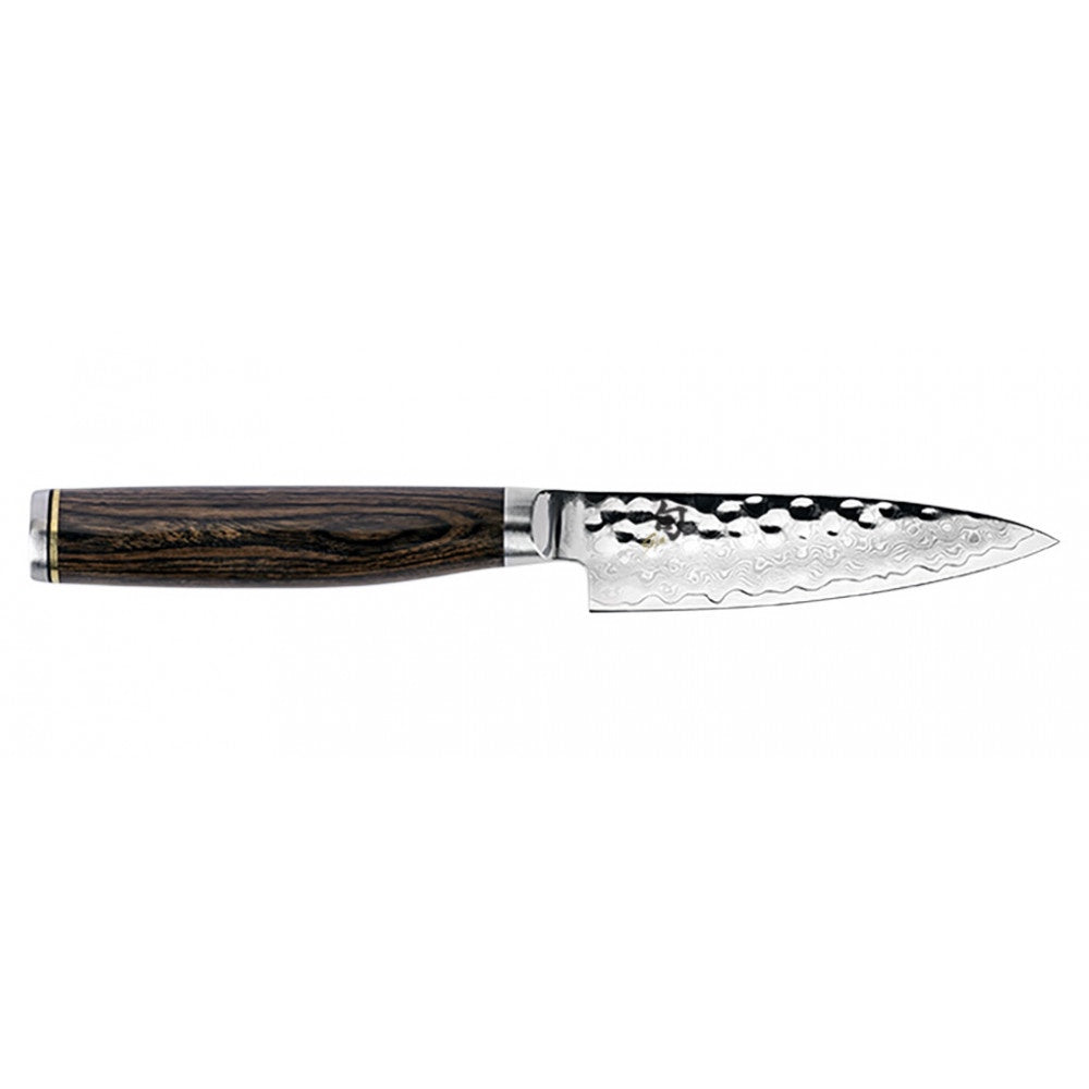 Kai Shun Premier paring knife, 10cm, with a hammered Damascus blade and a dark wood handle