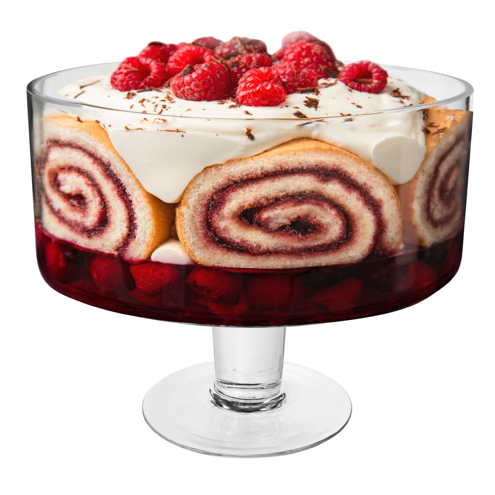 Wilkie Highlands trifle bowl, a footed glass bowl filled with a raspberry roulade trifle