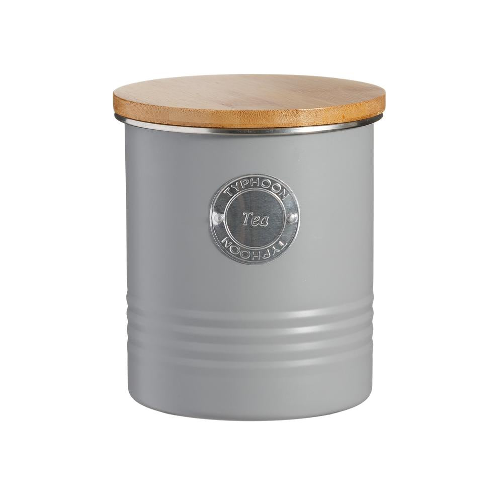Typhoon Living tea canister in grey with a bamboo lid and a badge