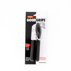 OXO Good Grips soft-handled can opener in black, shown on its retail card