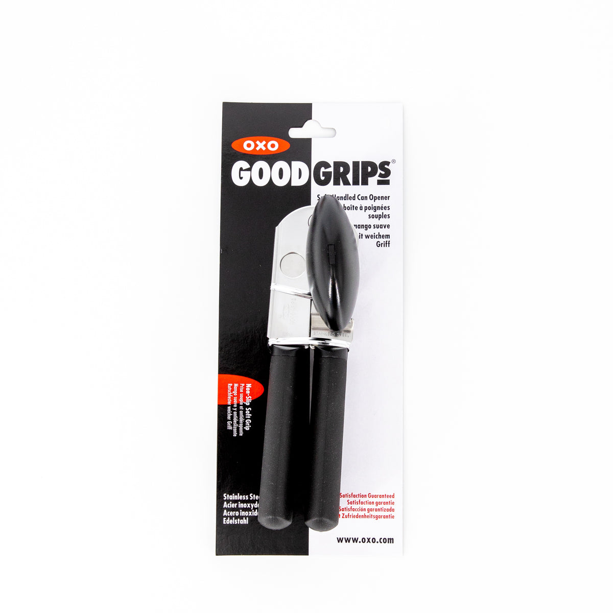 OXO Good Grips soft-handled can opener in black, shown on its retail card