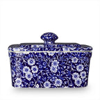 Burleigh Blue Calico butter dish with a lid and knob in a blue and white floral pattern