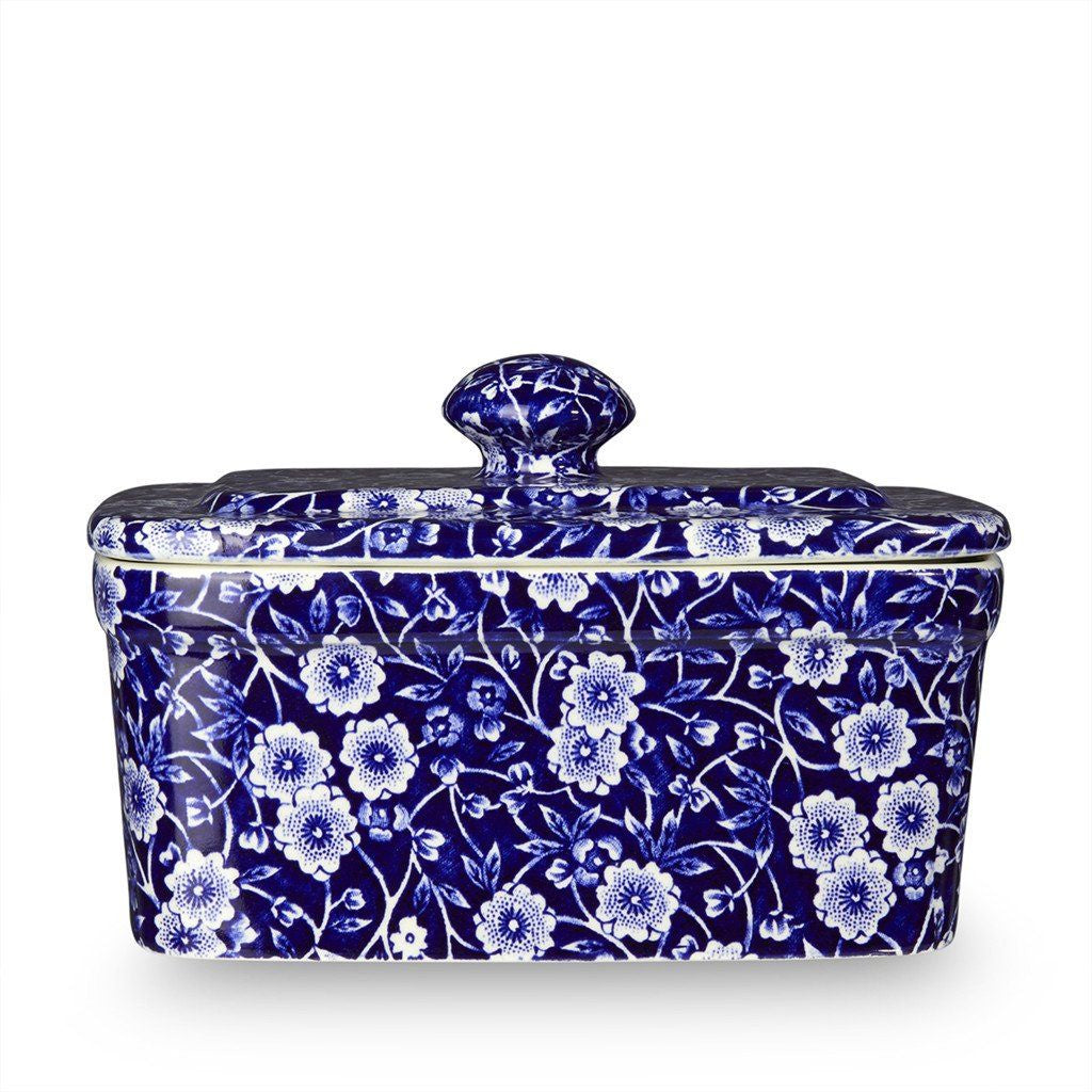 Burleigh Blue Calico butter dish with a lid and knob in a blue and white floral pattern
