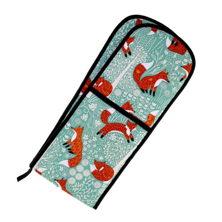 Ulster Weavers Foraging Fox double oven glove in teal with orange foxes and black binding