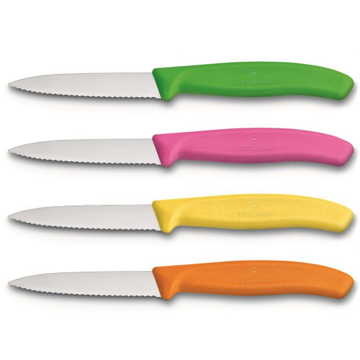 Victorinox Swiss Classic paring knives with a wavy edge, 8cm, with green, pink, yellow and orange handles