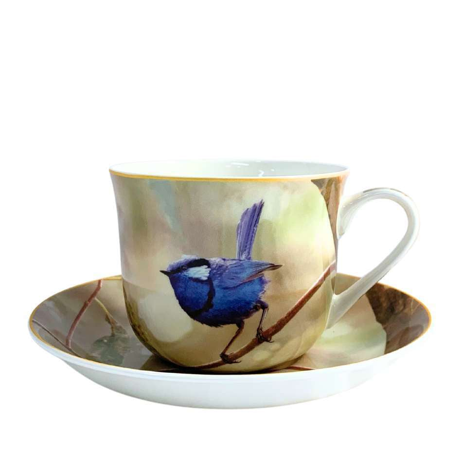 Heritage breakfast cup and saucer with a Blue Wren design of a blue bird on a branch