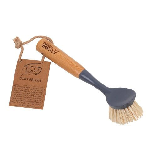 White Magic Eco Basics dish brush with a wooden handle, grey silicone neck and natural bristles