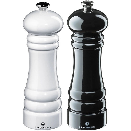 Zassenhaus Berlin salt and pepper mill set, a white and a black mill with domed tops