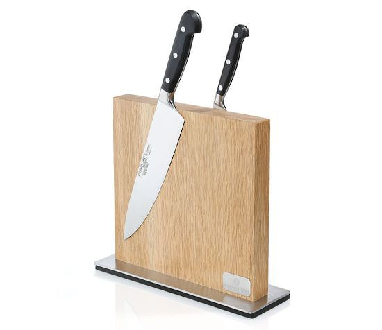 Zassenhaus magnetic knife block in oak on a steel base, holding two knives