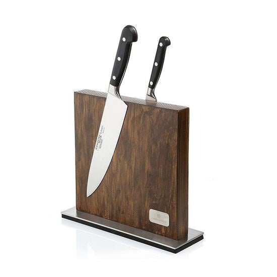 Zassenhaus magnetic knife block in ash wood with two black handled knives attached