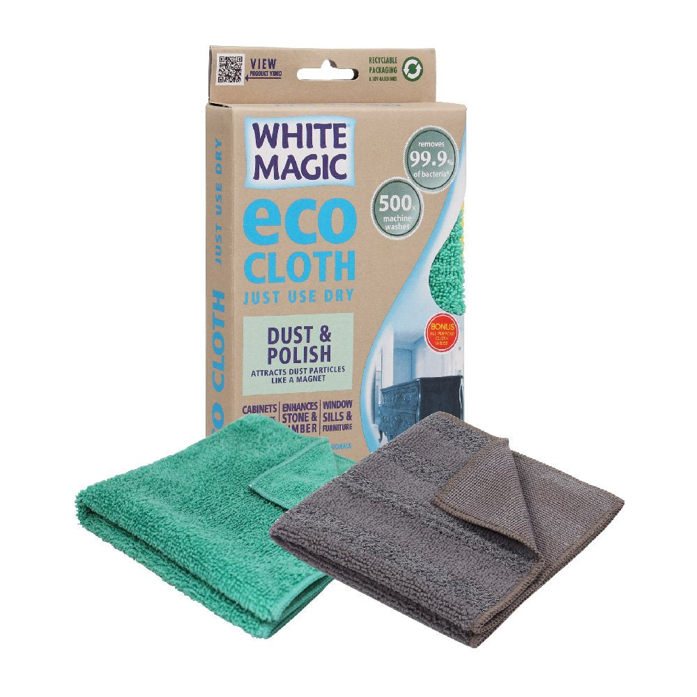 White Magic Eco Cloth Dust & Polish two pack with a green and a grey microfibre cloth and their box