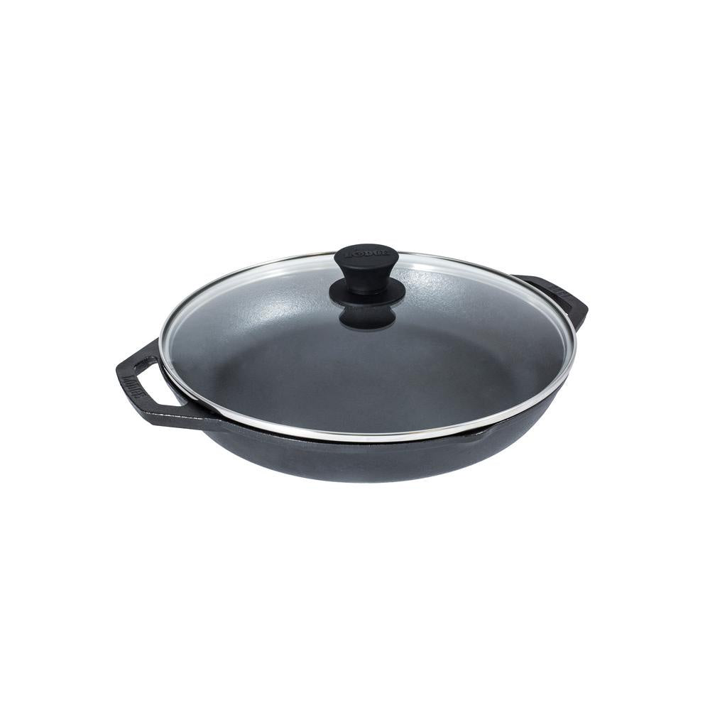 Lodge Chef Collection pan in black with a domed glass lid and a black knob