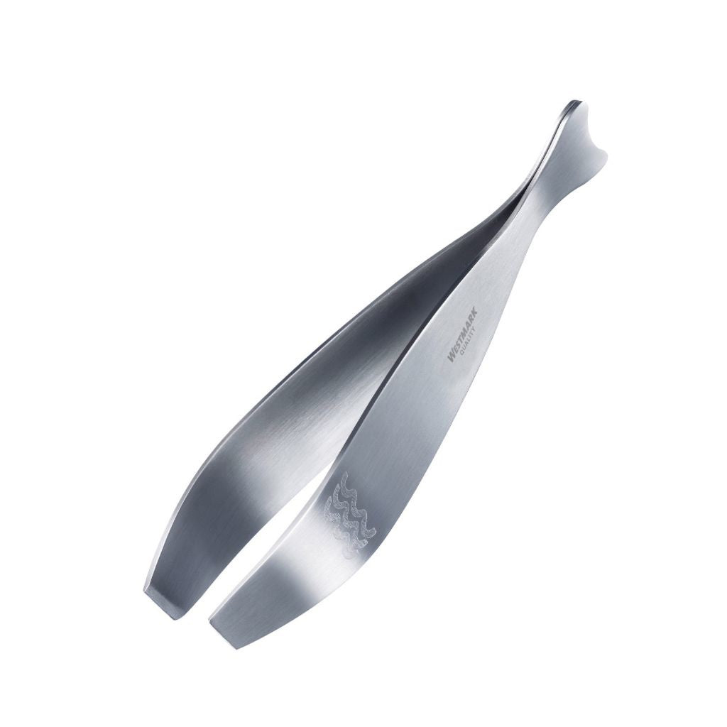 Westmark fish bone tweezers in stainless steel, shaped like a fish