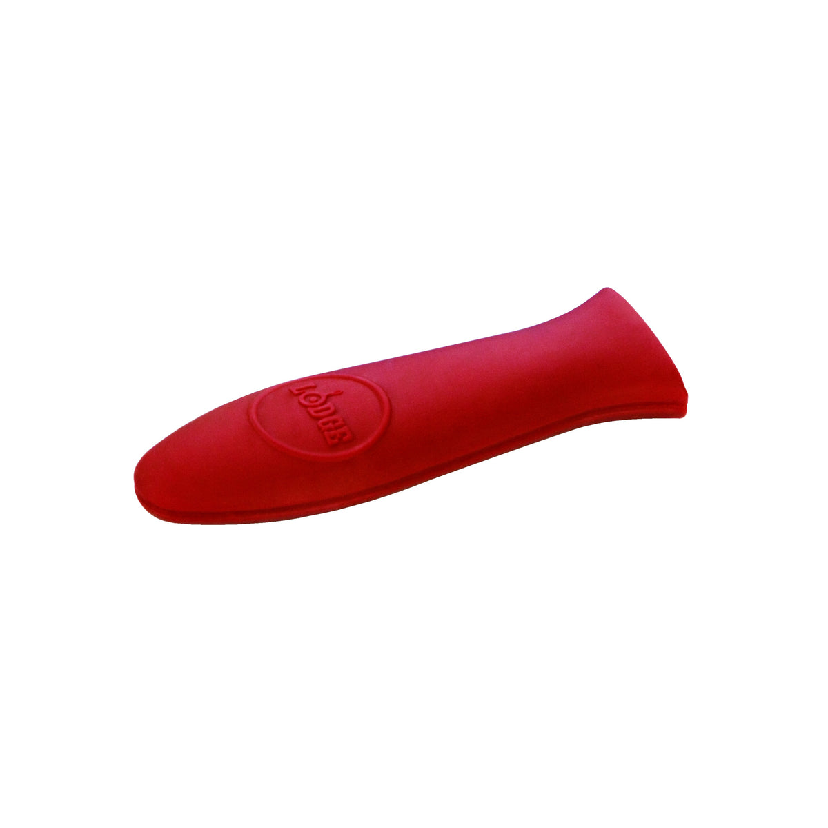 Lodge silicone hot handle holder in red, embossed with the Lodge logo