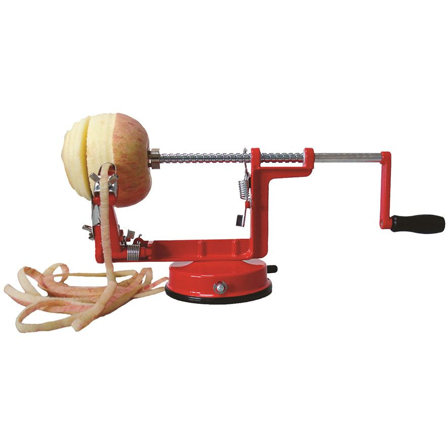 Appetito apple peeler in red with a vacuum base, a hand crank and a peeled apple