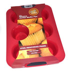 Daily Bake silicone jumbo muffin pan in red with a steel-reinforced frame, shown in its packaging