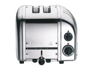 Dualit two slice toaster in polished chrome with two dials and a side lever