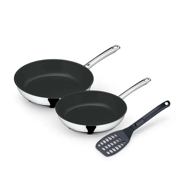 WMF Devil B frypan set of two, 24cm and 28cm, with black non-stick interiors and a spatula