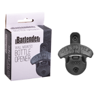 Bartender wall mounted bottle opener in black cast iron, shown with its box