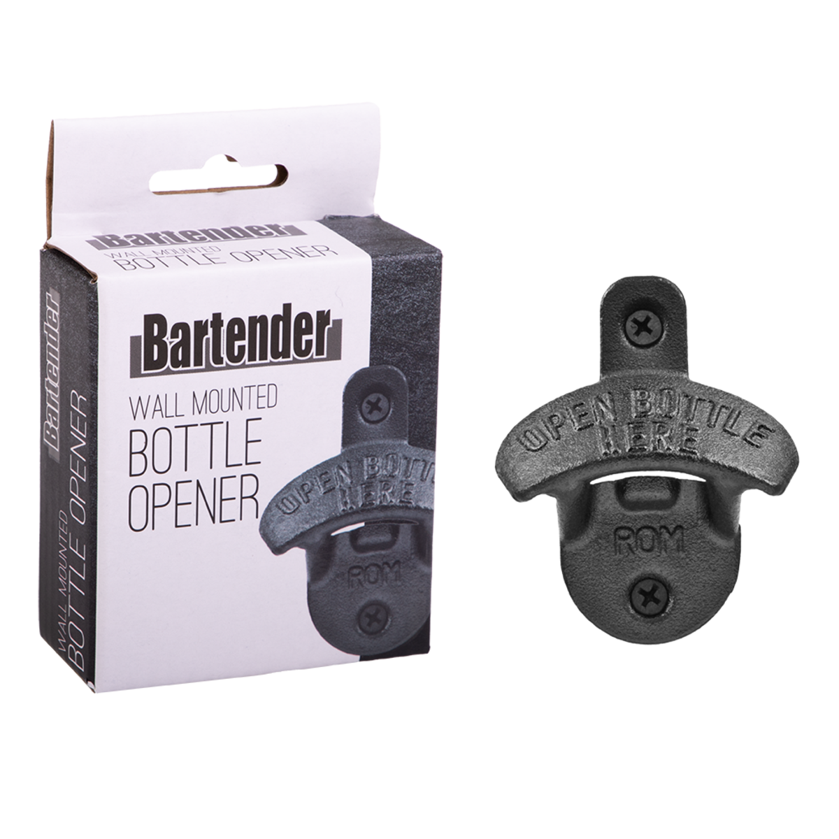 Bartender wall mounted bottle opener in black cast iron, shown with its box