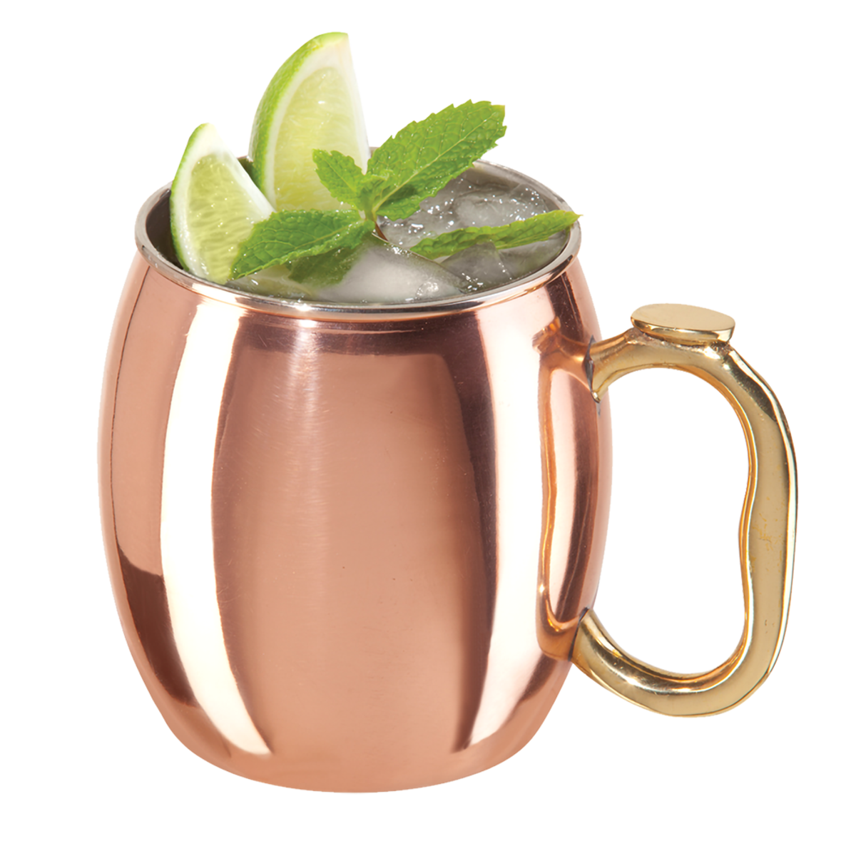 OGGI Moscow Mule copper mug with a gold handle, garnished with lime and mint