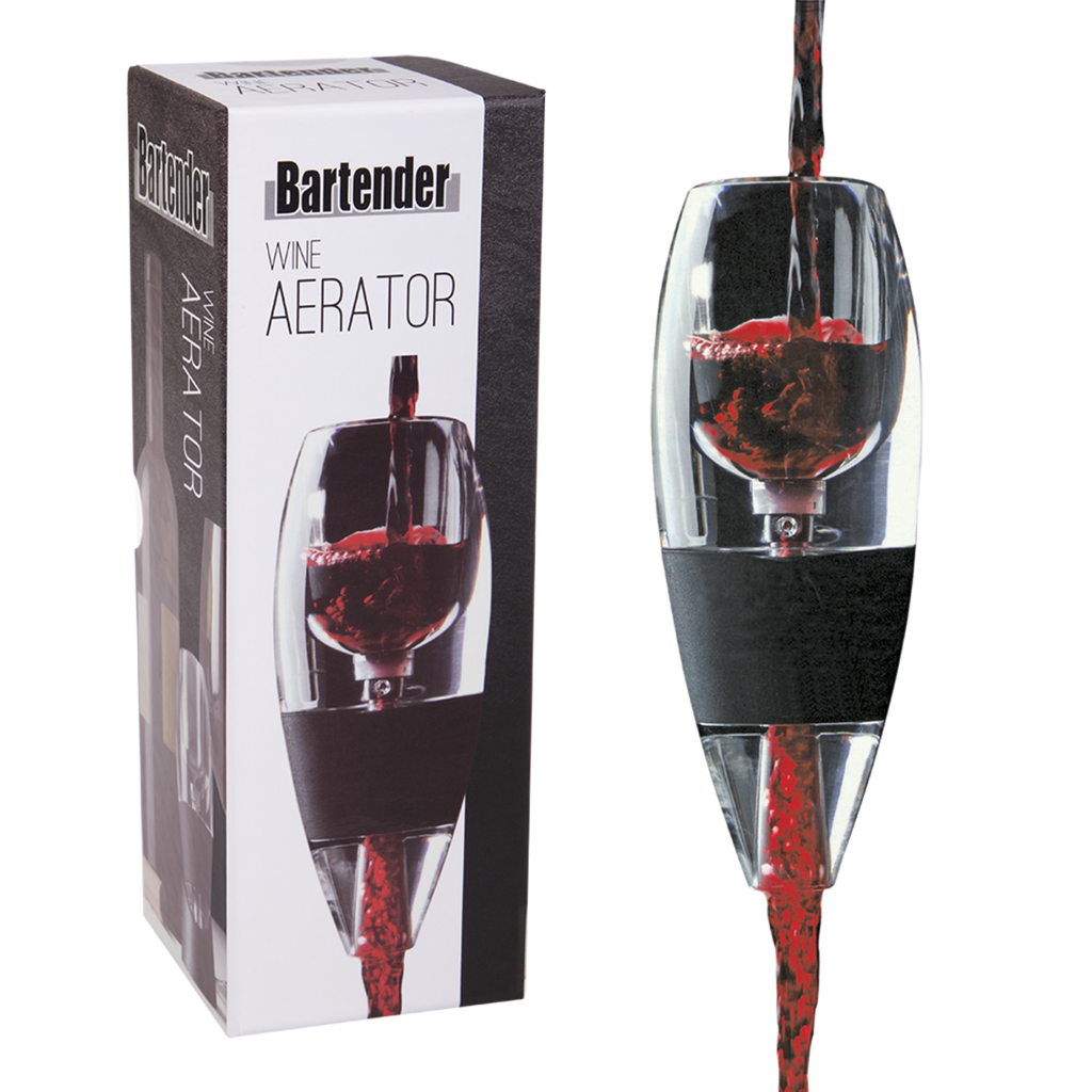 Bartender wine aerator with red wine pouring through it, shown beside its boxed packaging