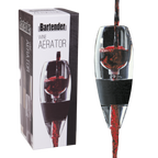 Bartender wine aerator with red wine pouring through it, shown beside its boxed packaging
