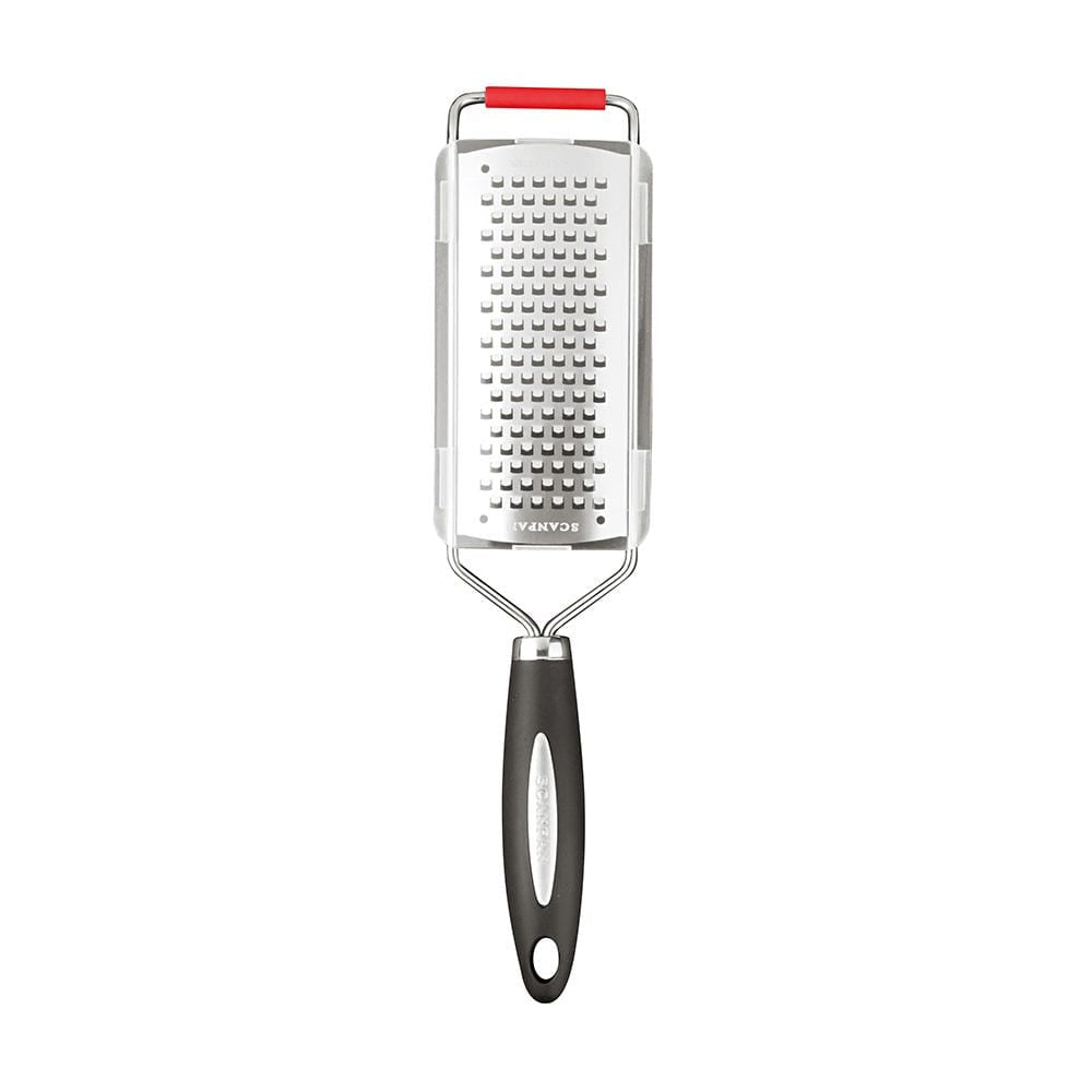Scanpan medium 4mm grater in red, with a stainless steel plate and a black handle