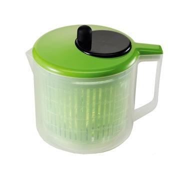 Zeal salad spinner in green and clear plastic with a crank handle