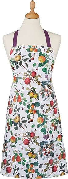 Ulster Weavers RHS Fruit cotton apron with a fruit print, shown on a mannequin