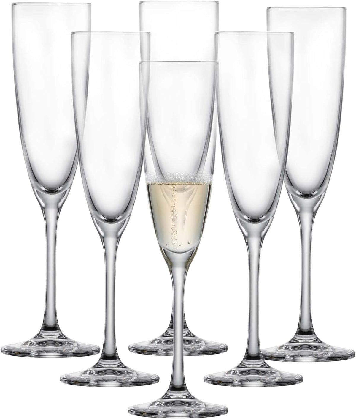 Schott Zwiesel Classico champagne flute set of six, one filled with sparkling wine