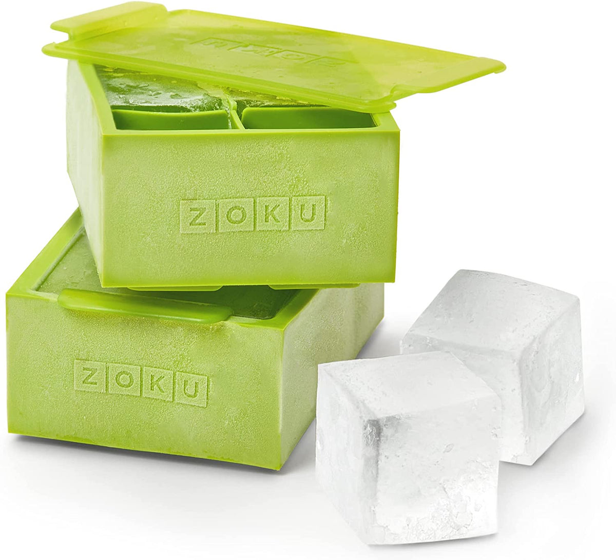 Zoku Jumbo Ice Tray Set of two lime green silicone trays with lids, shown with large clear ice cubes