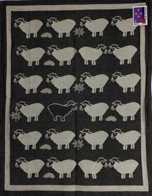 HotHouse Sheep Country tea towel in black and grey with a pattern of sheep