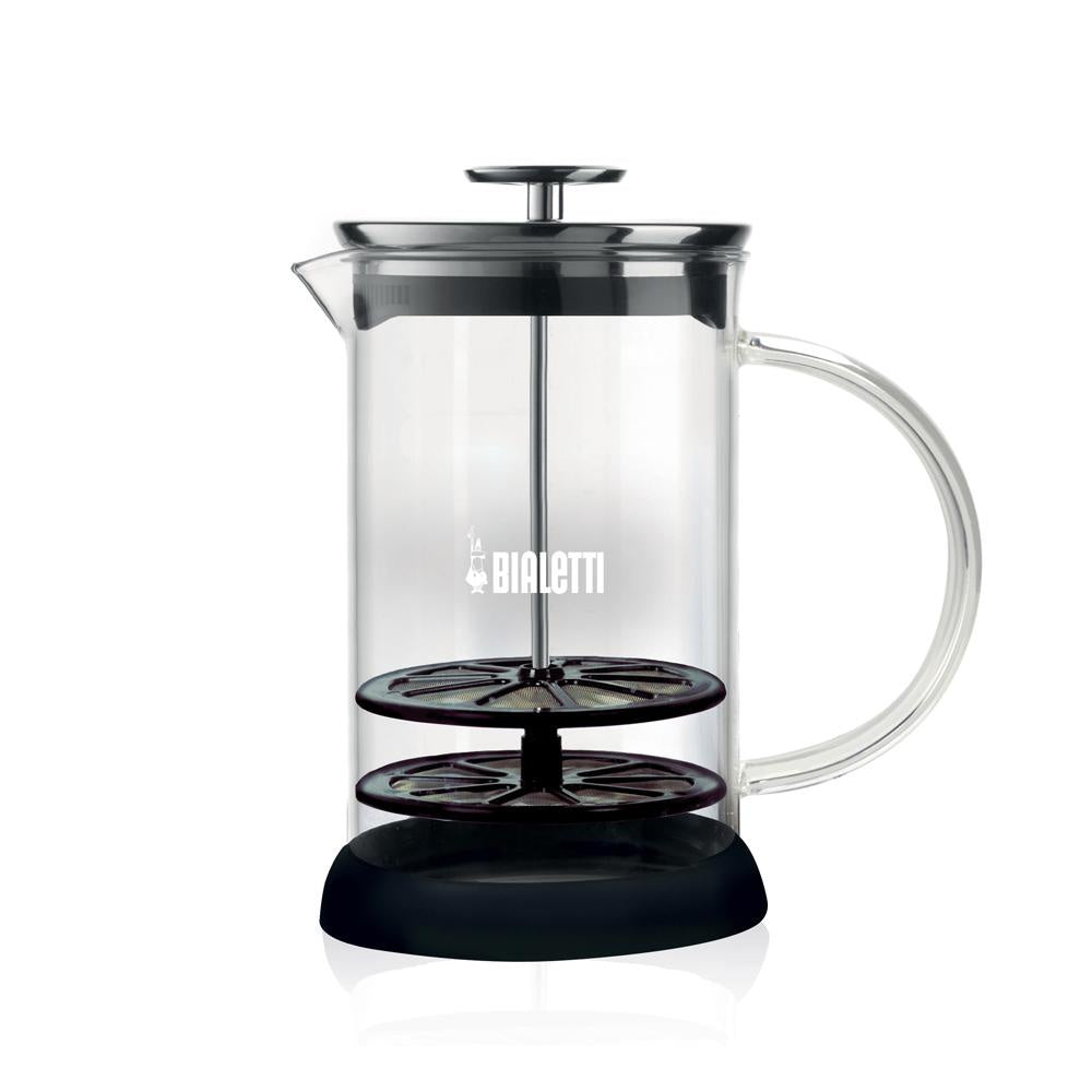 Bialetti Tuttocrema glass milk frother jug with a plunger and a black base