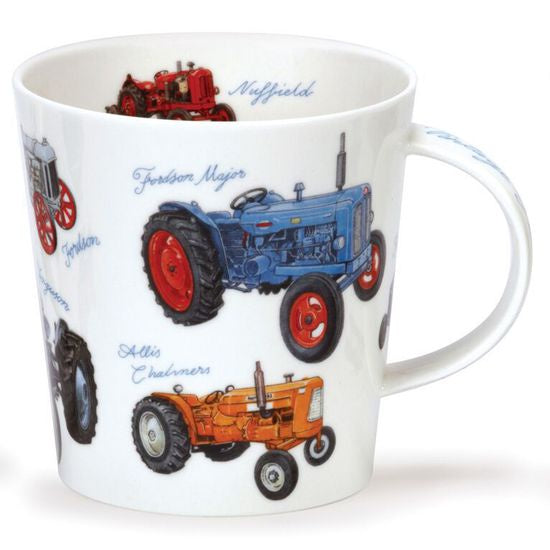 Dunoon Classic Collection mug decorated with vintage tractors in blue, red and orange