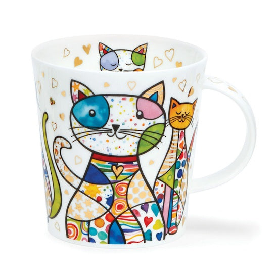 Dunoon Blingers mug decorated with colourful patchwork-style cats and hearts