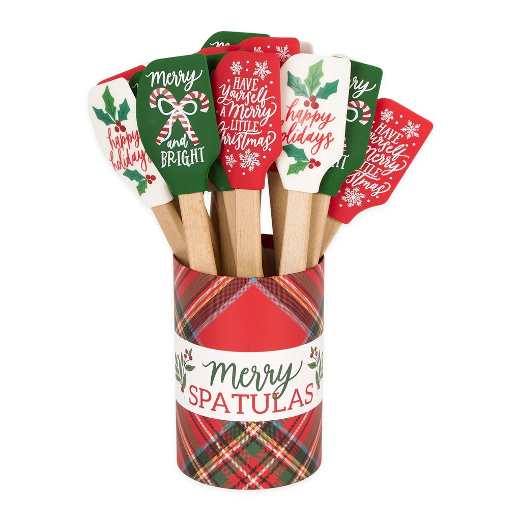 Design Imports Tis the Season assorted silicone spatulas with festive holiday sayings, shown in a plaid tin