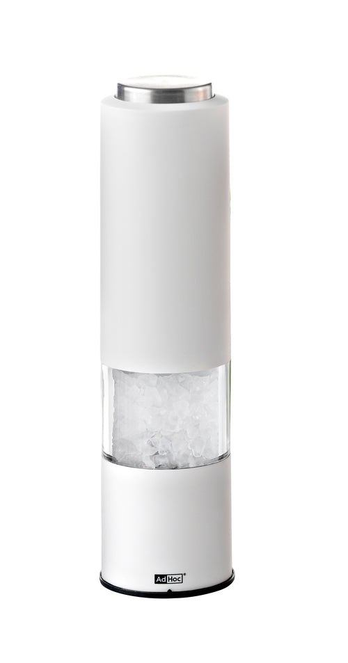 AdHoc Tropica electric pepper or salt mill in white with a clear grinding chamber