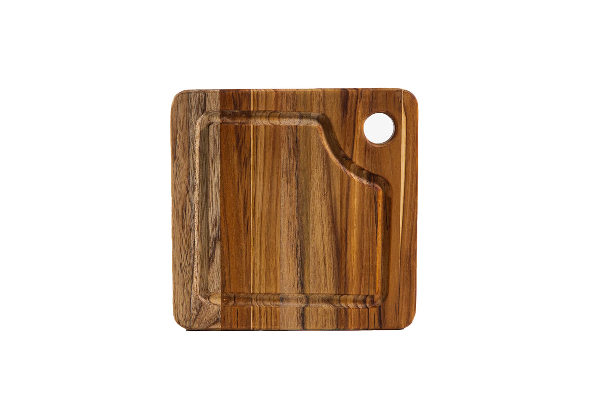Teakhaus Marine small rectangle board, 20x20cm, in striped teak with a corner hole