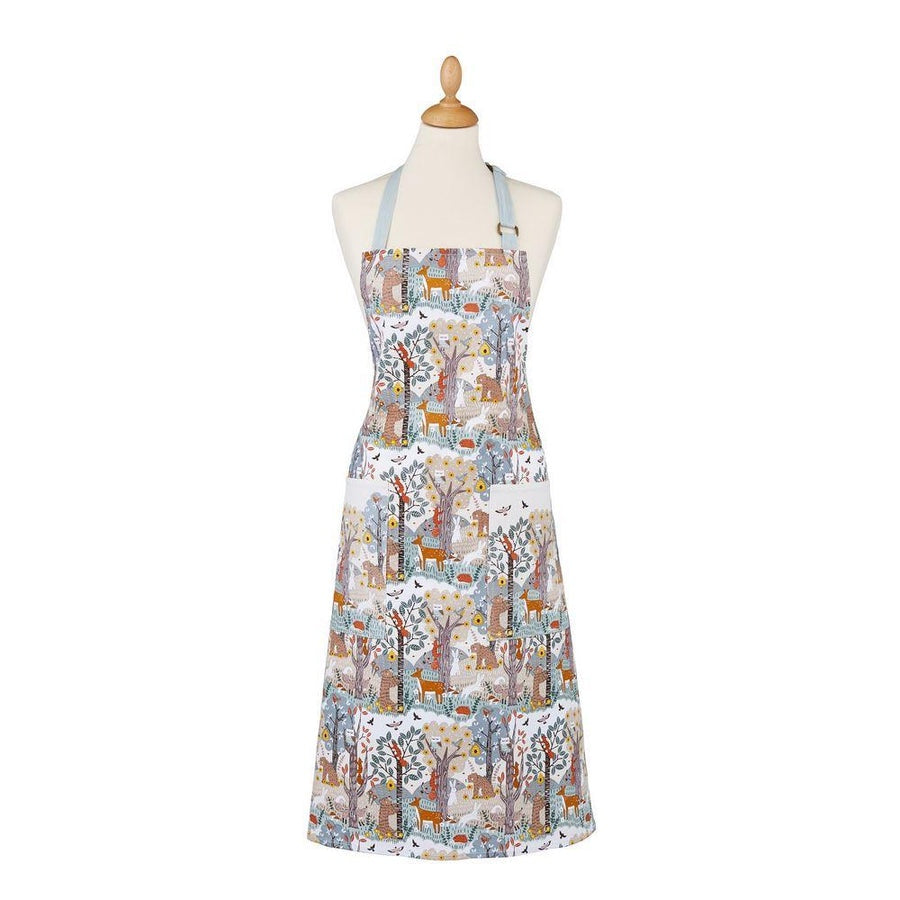 Ulster Weavers Wildwood cotton apron with a woodland animals print, shown on a mannequin