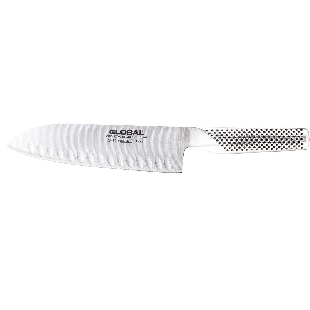 Global Classic fluted santoku knife, 18cm, with a dimpled stainless steel handle