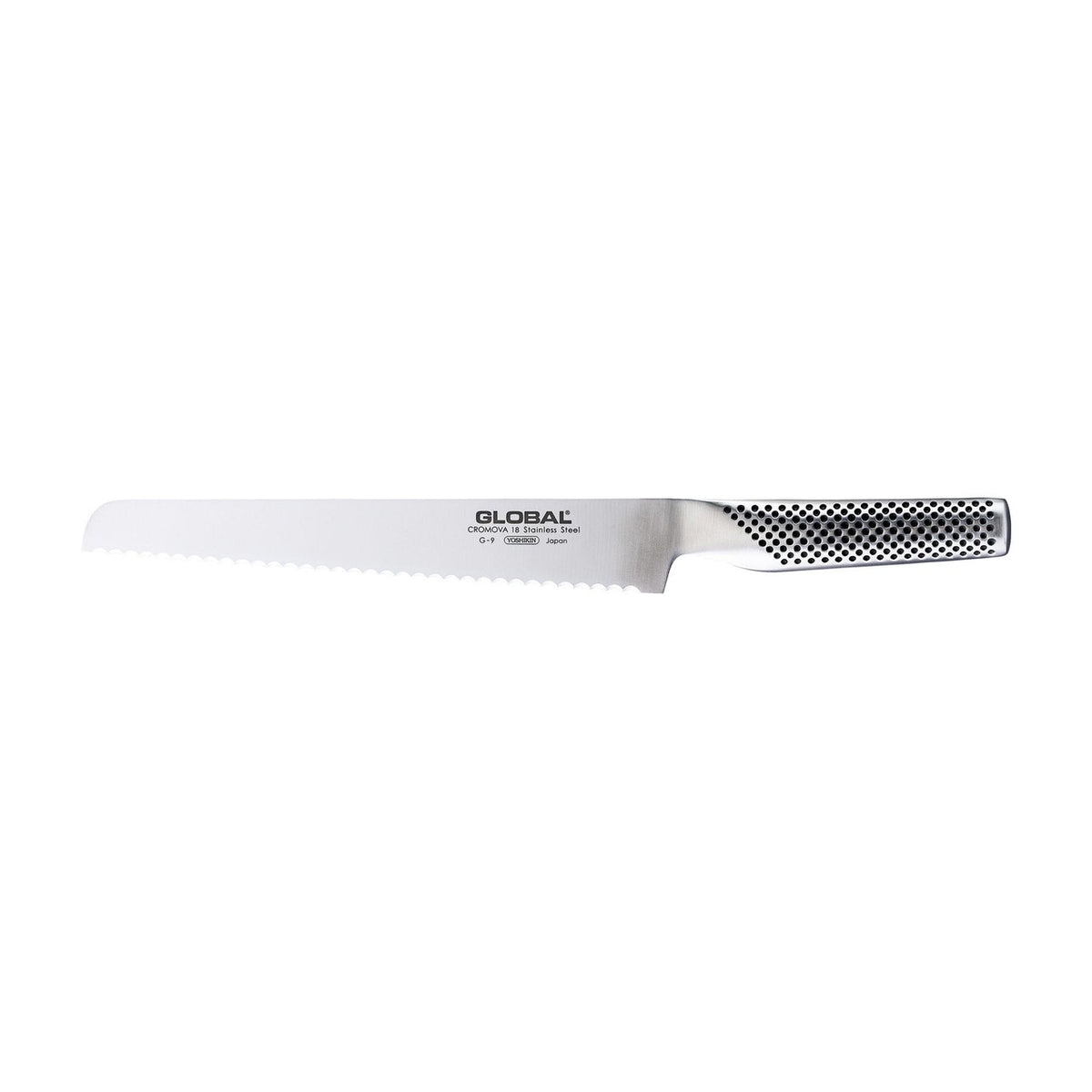 Global Classic G-9 bread knife, 22cm, with a dimpled stainless steel handle