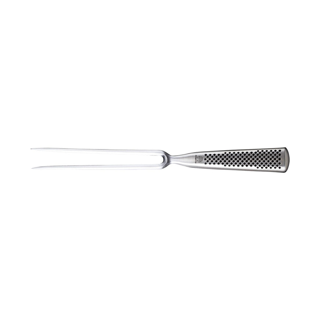 Global Classic straight carving fork GF-24 with a two-prong stainless steel head and a dimpled handle