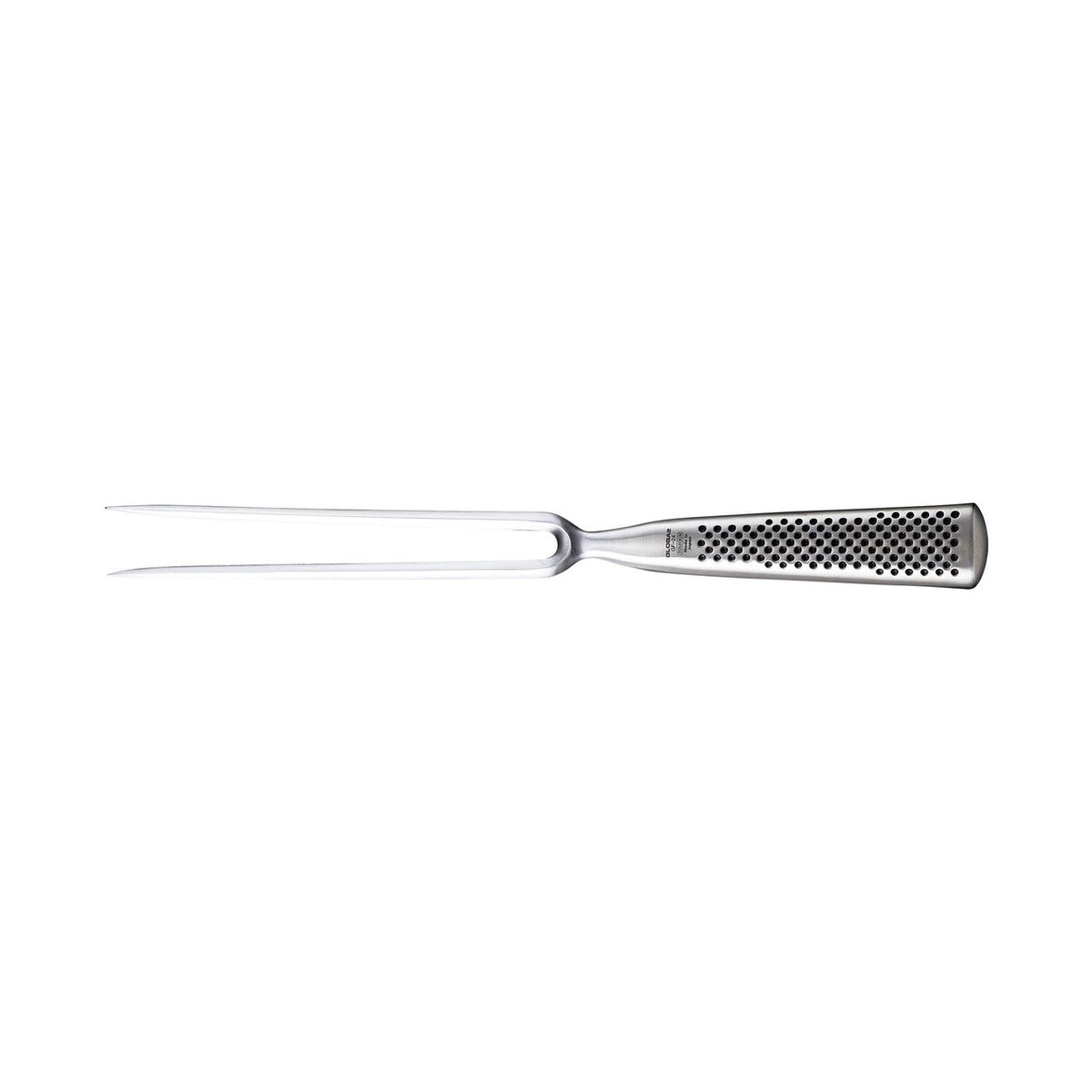 Global Classic straight carving fork GF-24 with a two-prong stainless steel head and a dimpled handle